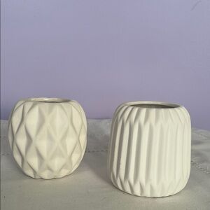 Set of Two White Textured Candle Holders-small vase